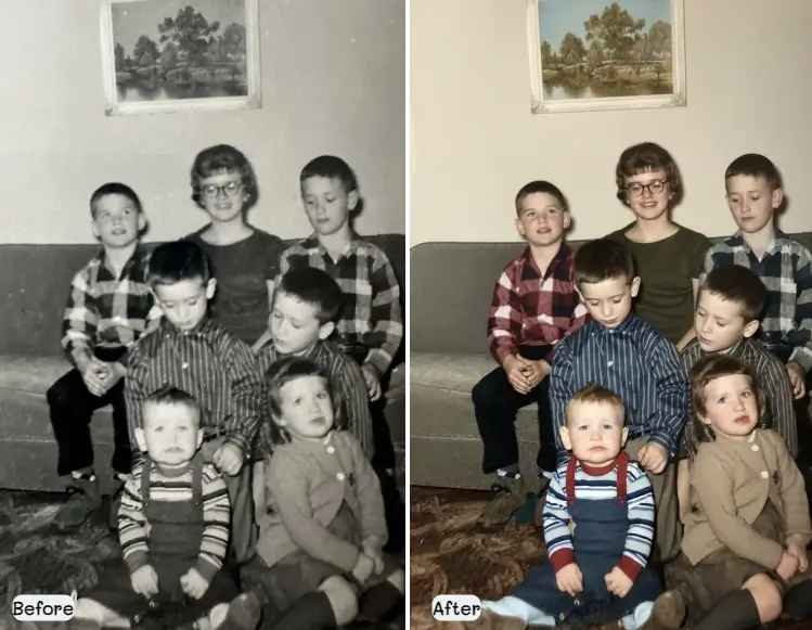 Before and after comparison of a restored vintage family photo showing dramatic improvement
